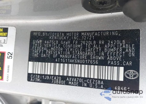 2022 Toyota Camry Se z USA, uszkodzony, nr VIN 4T1G11AK6NU017656